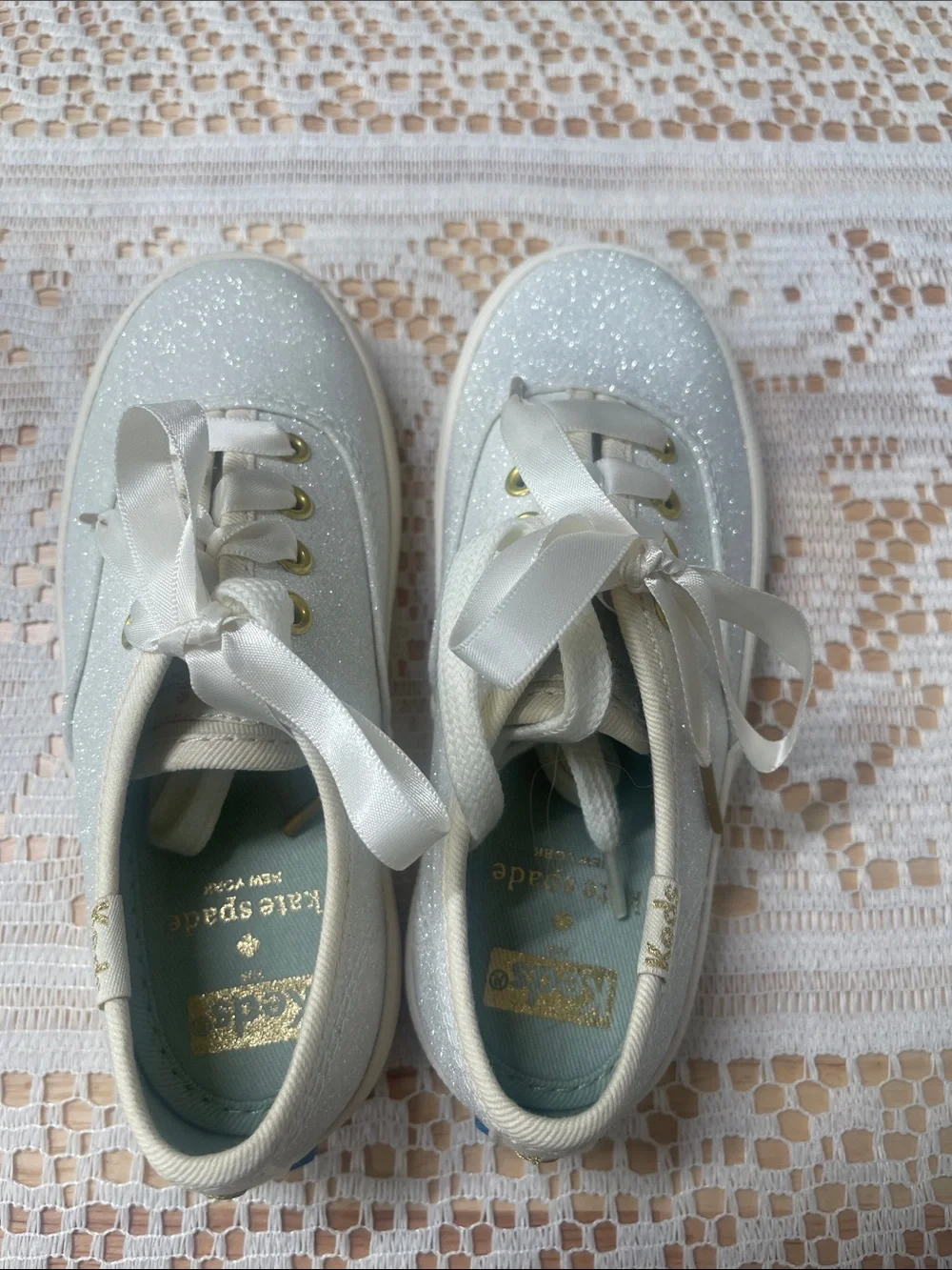 kate spade Kids' Glitter Ribbon Lace Sneakers in Cream